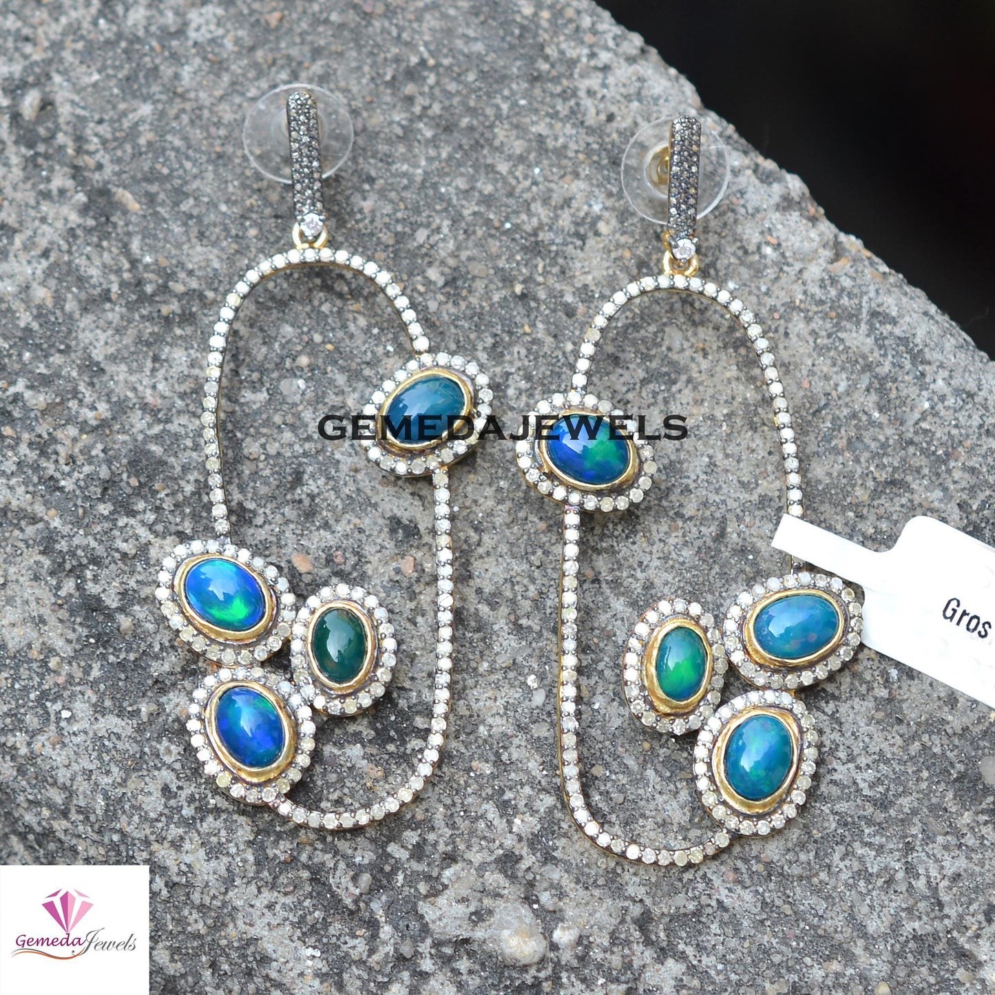 Natural Opal Gemstone Earrings, Solid 925 Silver Jewelry, 14k Gold Vermeil Earring, Sparkling Pave Diamond Earrings, Wedding Gift Jewelry