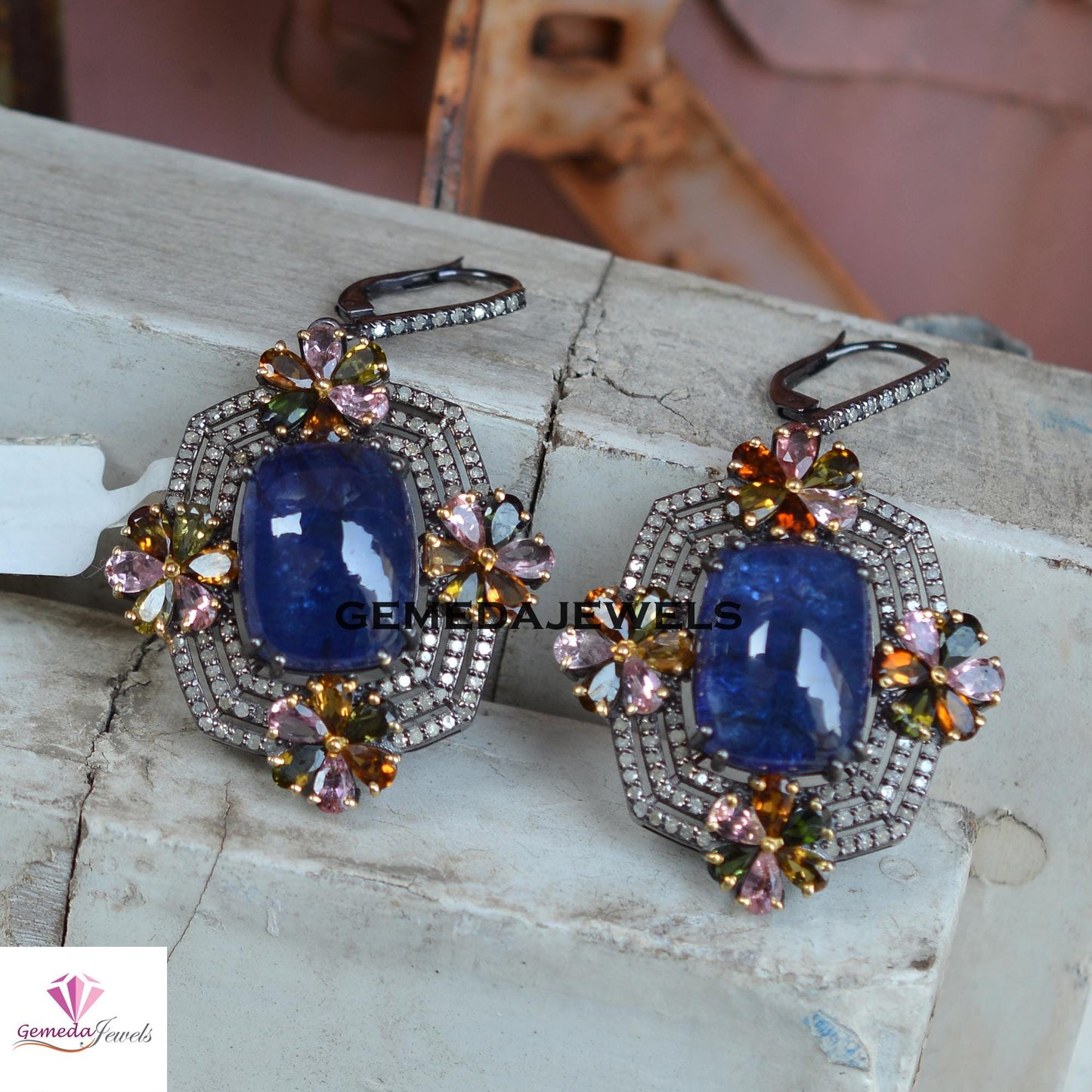 Natural Tanzanite Gemstone Jewelry Set, Tourmaline Gemstone Flower, Pave Diamond Silver Jewelry, Gemstone Ring Earrings Set, Wedding Jewelry