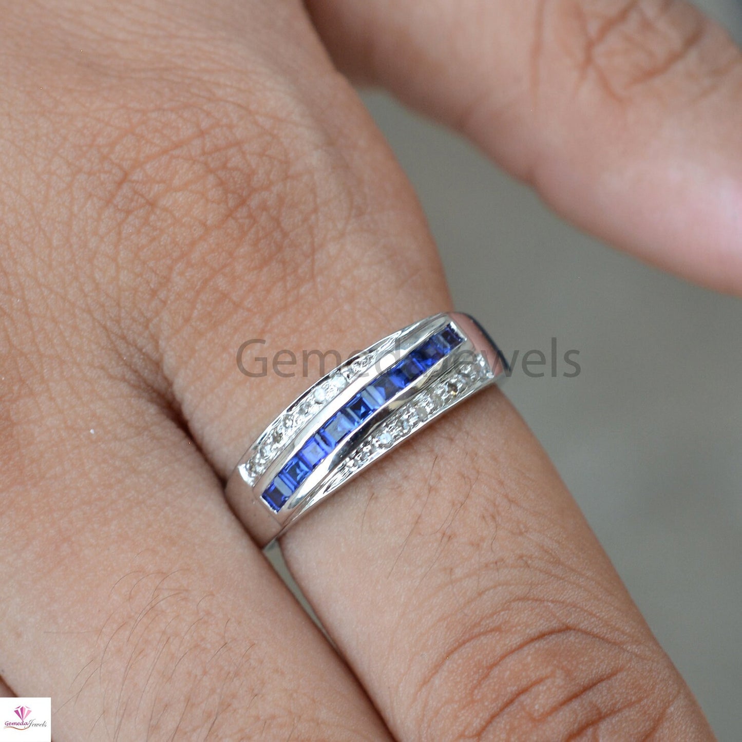 Sale! Genuine Sapphire Band Ring, 925 Sterling Silver Jewelry, Pave Diamond Ring, White Rhodium Plated Ring, Wedding Gift Ring, Gift For Her