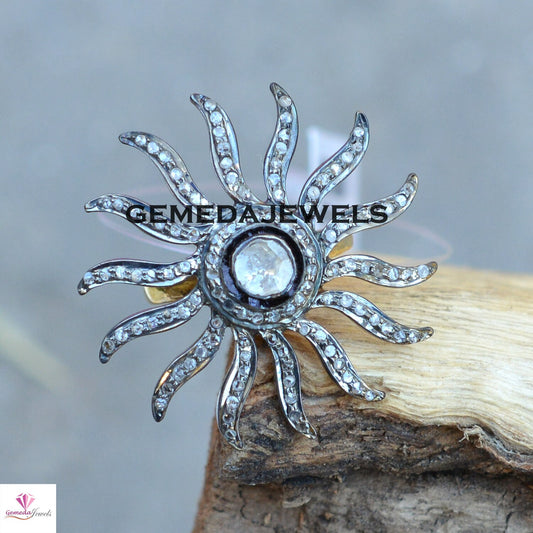 Rose Cut Polki Diamond Sun Ring, 925 Sterling Silver Ring, Diamond Silver Jewelry, 14k Gold Filled Ring, Sun Flower Pave Diamond Ring, Gifts