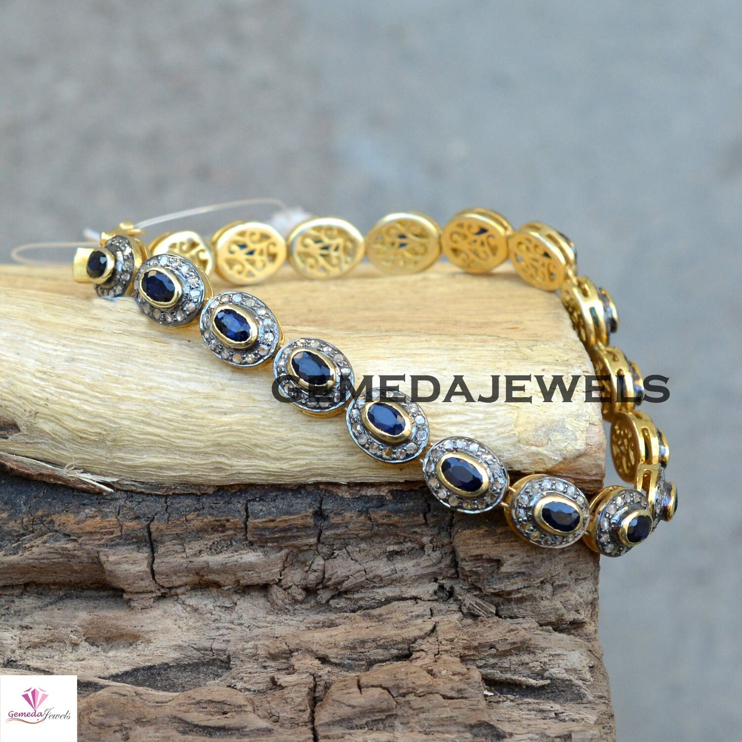 Sale Blue Sapphire Bracelet, 925 Silver Bracelet, 14k Gold Plated Jewelry, Pave Diamond Bracelet, Gemstone Silver Link Chain Bracelet, Gifts