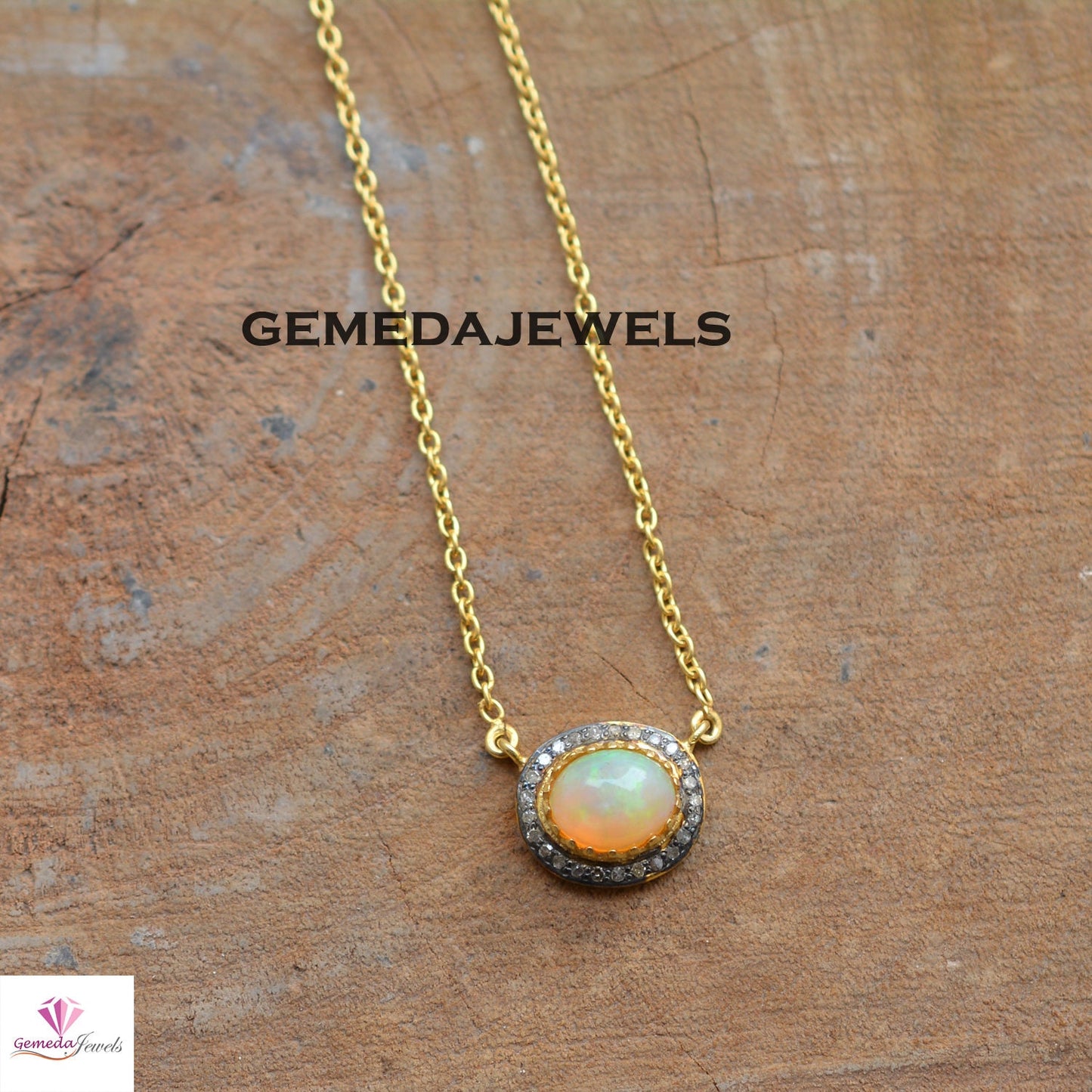 Genuine Opal Gemstone Charm Pendant, 925 Silver Pendant, Pave Diamond Jewelry, 14k Gold Plated 18" Link Chain Necklace, Gemstone Jewelry