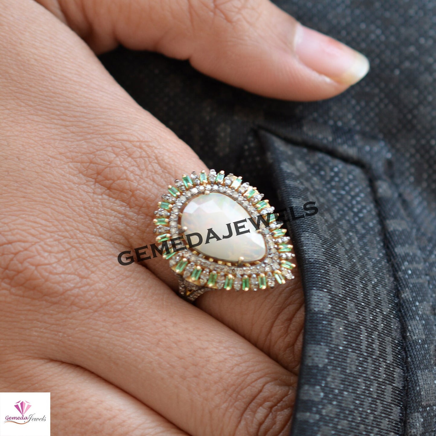 100% Genuine Opal Gemstone Ring, 14k Gold Vermeil Ring, 925 Silver Jewelry, Emerald Diamond Ring, Baguette Diamond Ring, Engagement Jewelry