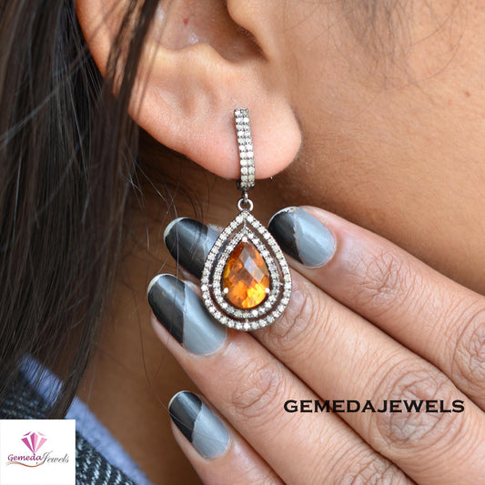 Sale!! Stunning Citrine Gemstone Earrings, Oxidized 925 Silver Jewelry, Pave Diamond Earrings, Gemstone Jewellery, Women's Gift Jewelry