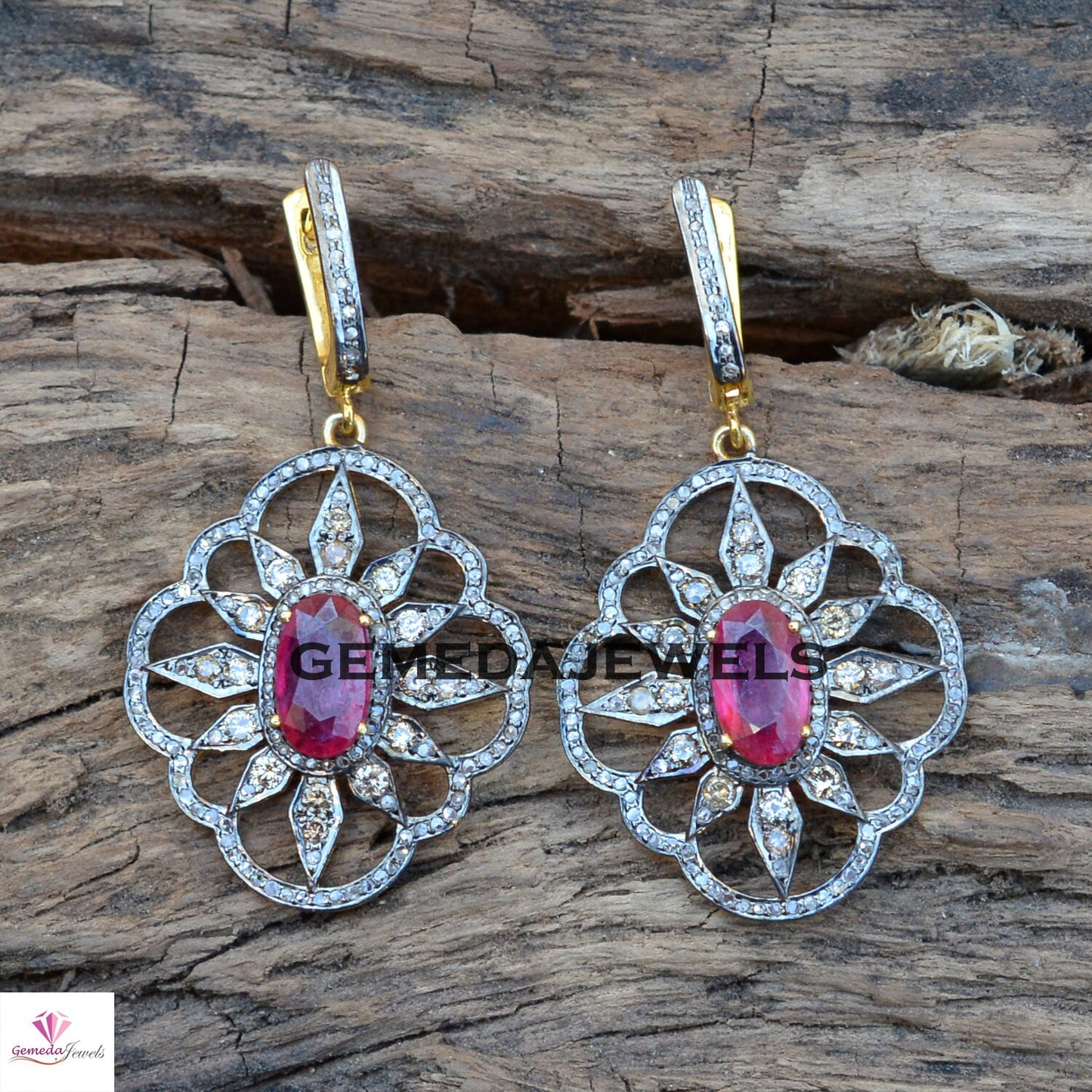 Ruby Flower Earrings, Pave Diamond Earring, 14k Gold Vermeil Jewelry, 925 Silver Earrings, Gemstone Silver Earrings, Wedding Gifts Jewelry