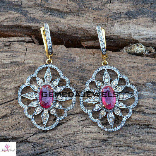 Ruby Flower Earrings, Pave Diamond Earring, 14k Gold Vermeil Jewelry, 925 Silver Earrings, Gemstone Silver Earrings, Wedding Gifts Jewelry