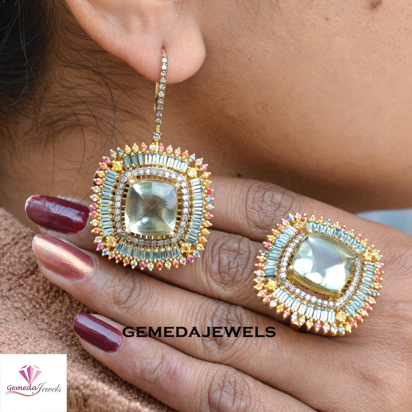 Multi Color Gemstone Jewelry Set, Green Gemstone Jewelry, Pave Diamond Jewelry Sets, 925 Silver Ring Earrings Set, 14k Gold Plated Jewelry