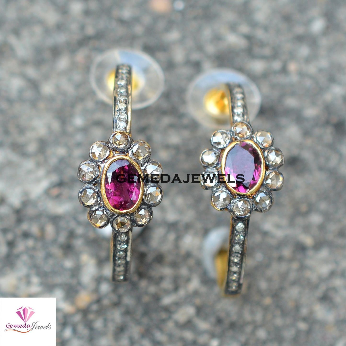 Natural Ruby Gemstone Stud Earrings, Tambuli Diamond Jewelry, Pave Diamond Earrings, Gold Vermeil 925 Silver Stud Jewelry, Valentine's Gift