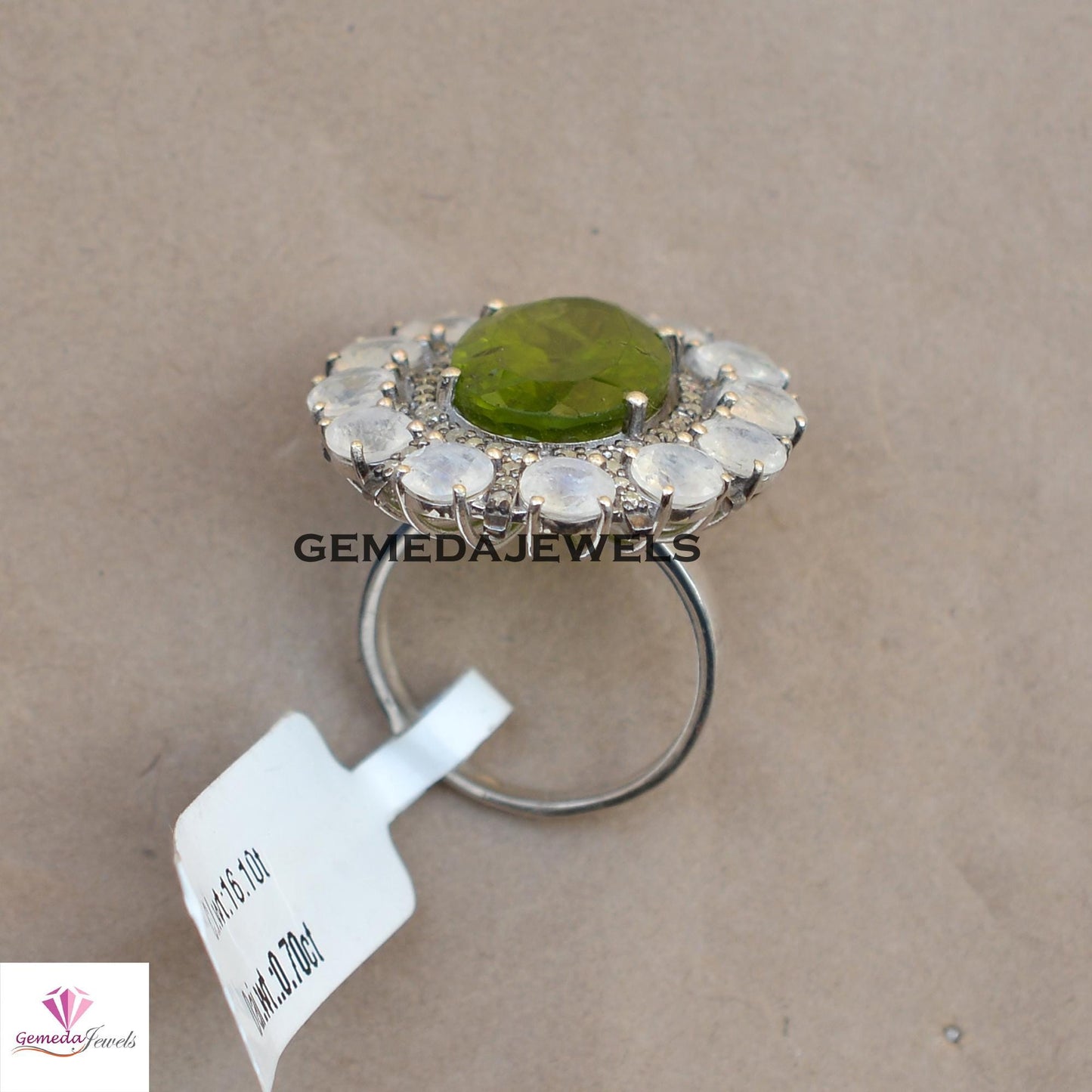 Sale! Green Peridot Gemstone Ring, Moonstone 925 Silver Ring, Pave Diamond Jewelry, Gemstone Diamond Ring, Flower Ring Jewelry, Gift For Her