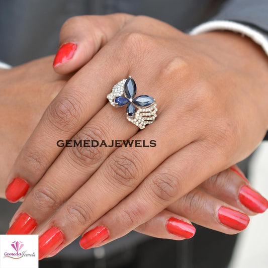 Sale Stunning Blue Sapphire Ring, Butterfly Design Ring Jewelry, Sterling Silver Ring, Pave Diamond Ring, White Rhodium Plated Jewelry, Gift