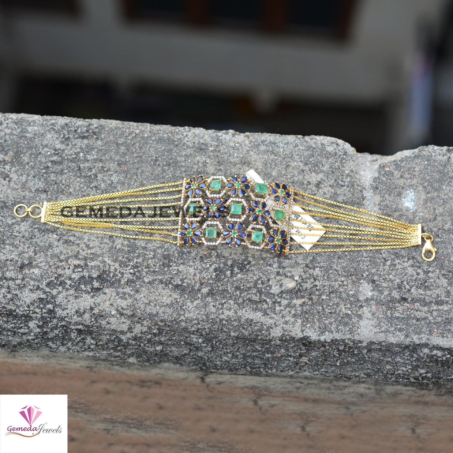 Natural Emerald Bracelet, Sapphire Flower Bracelet, 925 Silver Gold Plated Link Chain Clasp Lock Bracelet, Pave Diamond Jewelry Wedding Gift