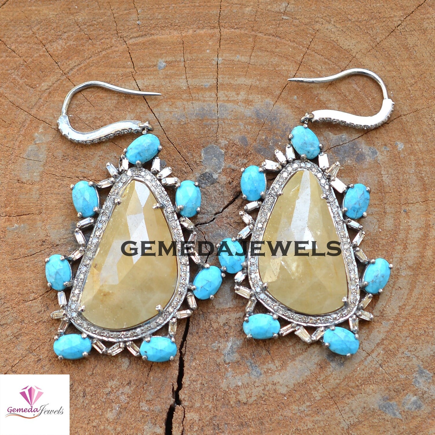 Sapphire Slice Gemstone Earrings, Turquoise Earrings Jewelry, Baguette Diamond Pave Jewelry, 925 Silver Ear Wire Earring, Mothers Day Gift