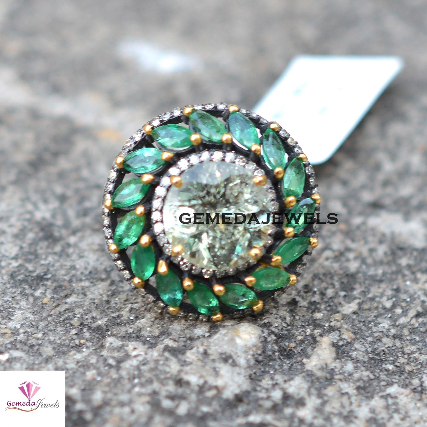 Sale! Classic Green Amethyst 925 Silver Ring, Emerald Gemstone Jewelry, Pave Diamond Ring, Rhodium Plated Ring Jewelry, Wedding Gift Jewelry