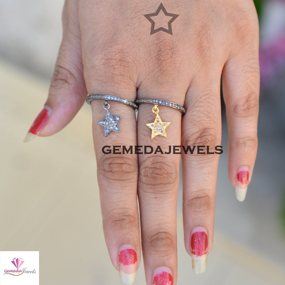 Pave Diamond Band Ring, Star Connector Band Ring, Gold Plated Star Jewelry, Rhodium Plated Star Ring, 925 Silver Jewelry, Minimalist Jewelry