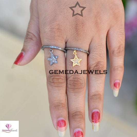 Pave Diamond Band Ring, Star Connector Band Ring, Gold Plated Star Jewelry, Rhodium Plated Star Ring, 925 Silver Jewelry, Minimalist Jewelry
