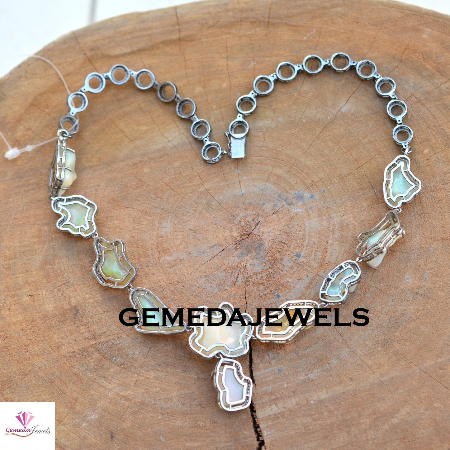 Sale Opal Gemstone Necklace, Pave Diamond Earrings, Opal Necklace Earrings Jewelry Set, 925 Solid Silver, 18" Silver Link Chain Necklace