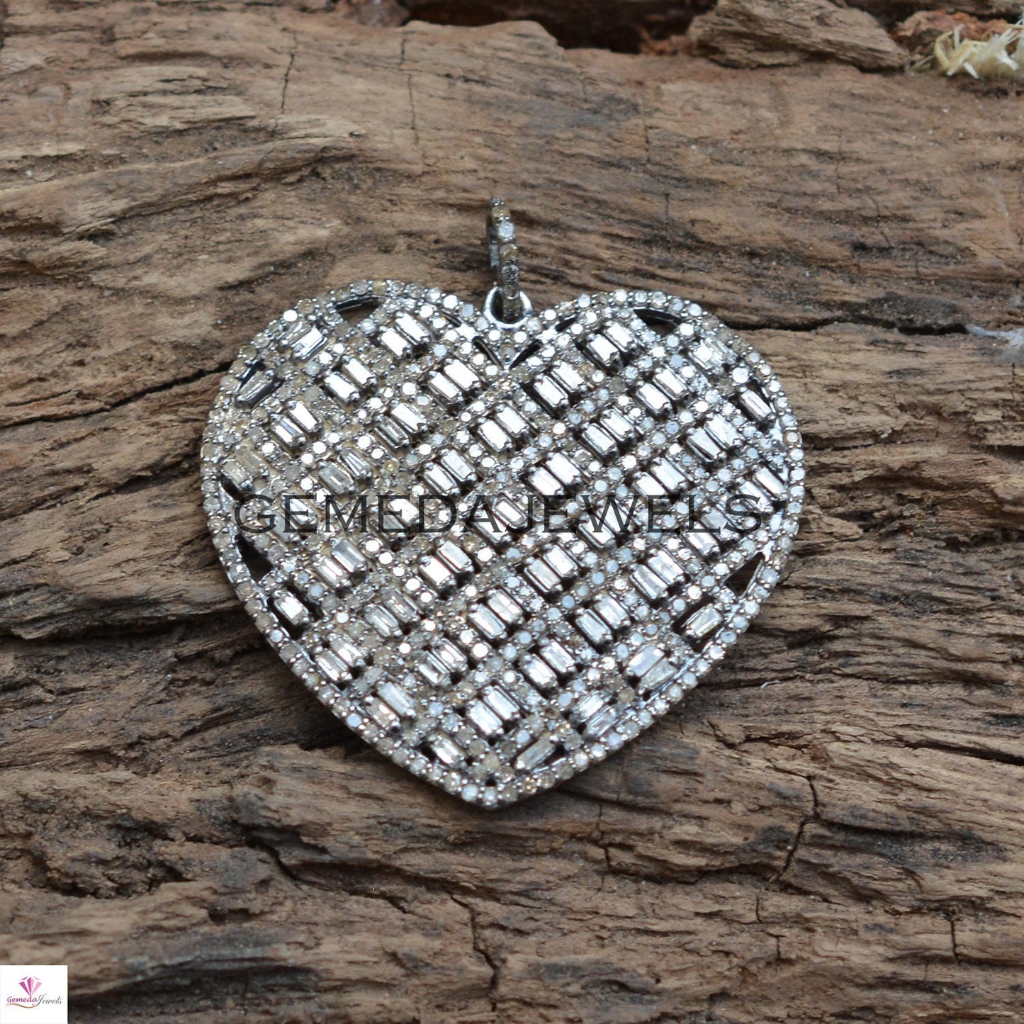 Diamond Heart Pendant, 925 Silver Jewelry, Pave Diamond Pendant, Silver Heart Pendant, Baguette Diamond Pendant, 16" Chain Necklace, Gifts