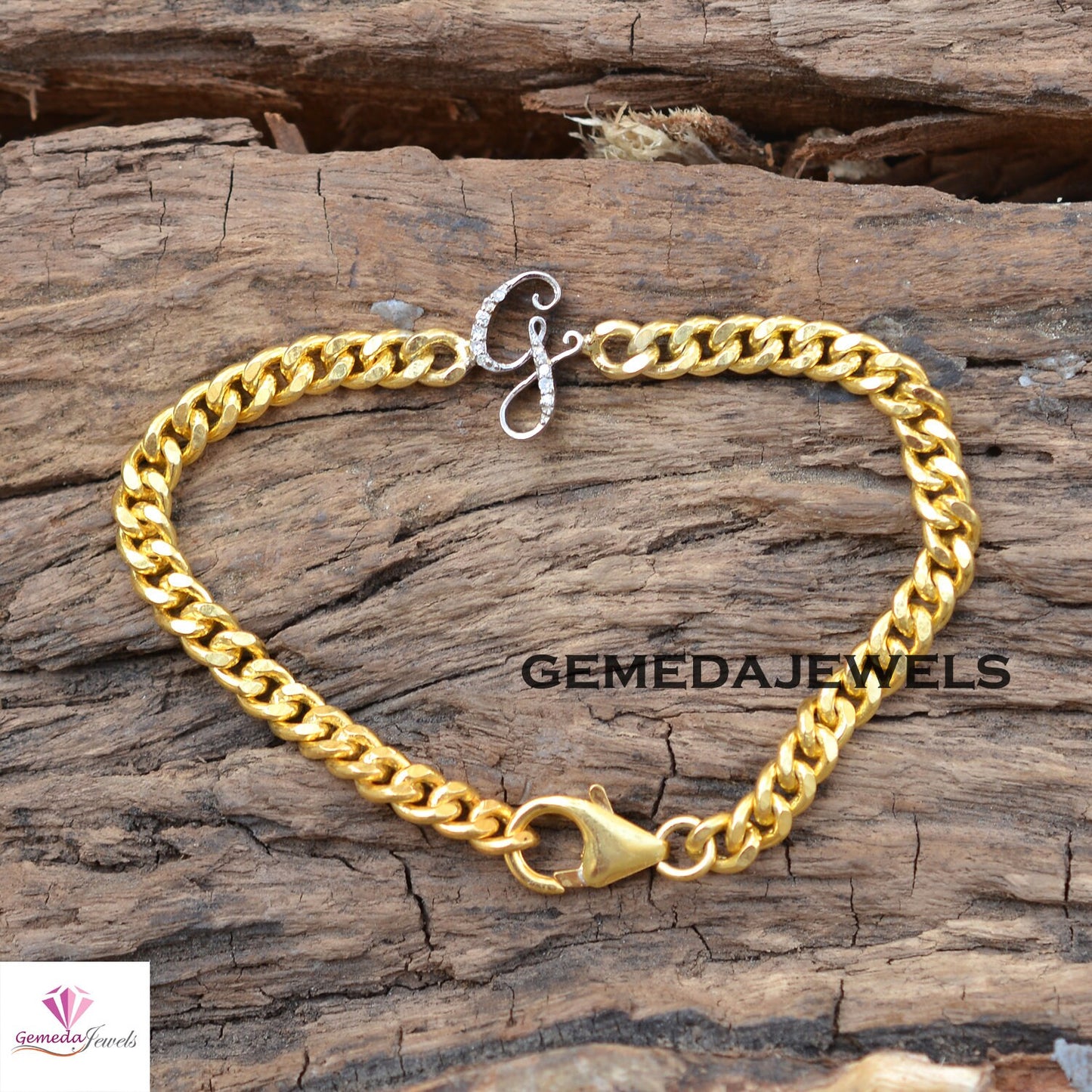 Pave Diamond G Initial Bracelet, 14k Gold Plated Jewelry, 925 Silver Link Chain Bracelet, Diamond Initial Bracelet Jewelry Personalized Gift
