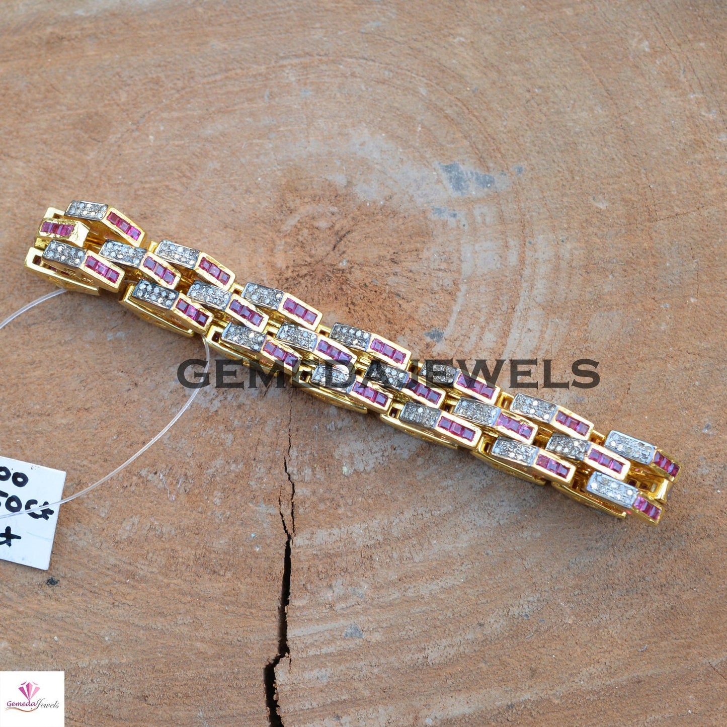 Pave Diamond Bracelet, Ruby Gemstone Link Bracelet, 925 Silver Jewelry, Gold Plated Bracelet, Unisex Jewelry, Gemstone Silver Bracelet, Gift