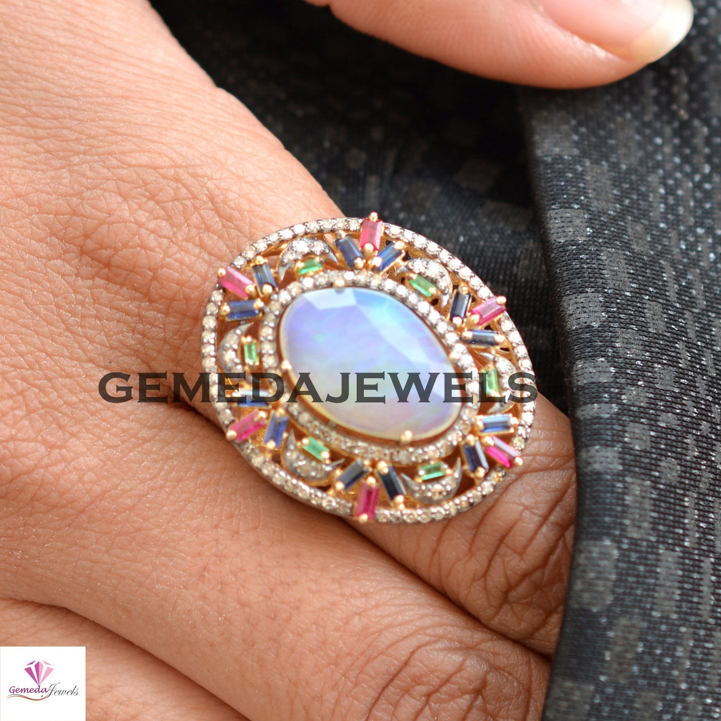 Genuine Opal Silver Ring, Pave Diamond Jewelry, Baguette Gemstone Ring, Multi Stone Jewelry, 14k Gold Vermeil Ring JEWELLERY, Gift For Her