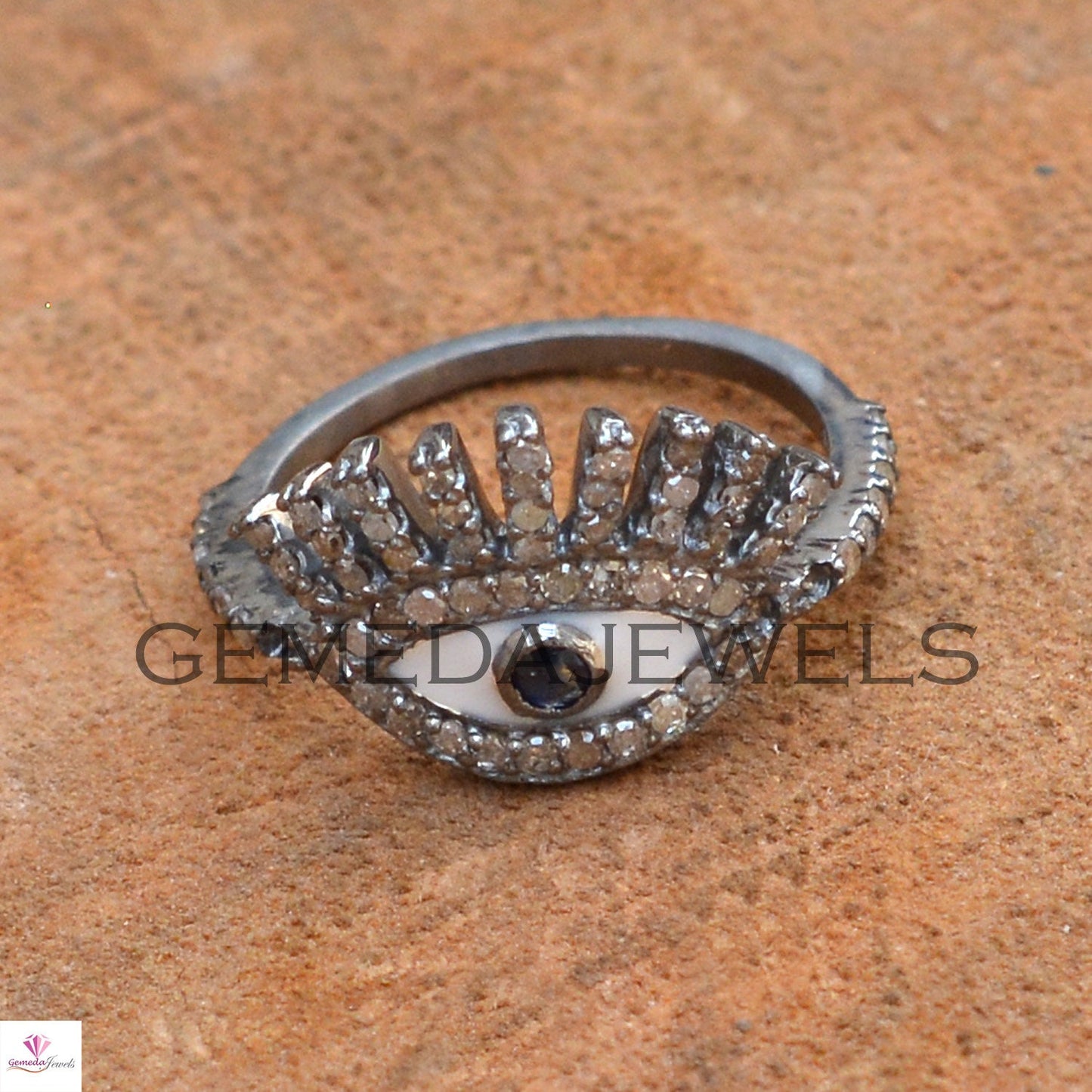 Blue Sapphire Ring, Pave Diamond Evil Eye Ring, 925 Silver Jewelry, Gemstone Diamond Ring, Stacking Ring, Minimalist Jewelry, Birthday Gift