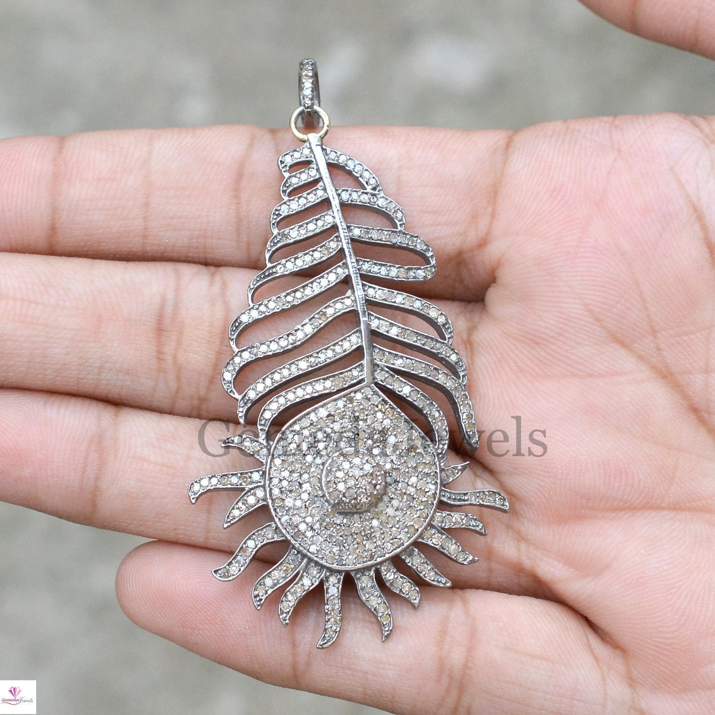 Pave Diamond Pendant, 925 Silver Pendant, Diamond Jewellery, Peacock Feather Pendant, 16" Link Chain Pendant Necklace, Valentine's Gifts