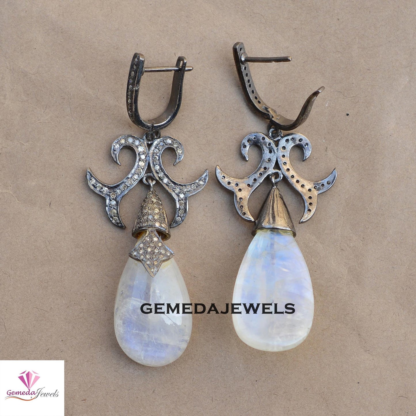 Sale!! Moonstone Gemstone Earrings, Pave Diamond Jewelry, Drop Dangle Designer Earring, Rhodium Plated 925 Silver Jewelry, Gift For Her