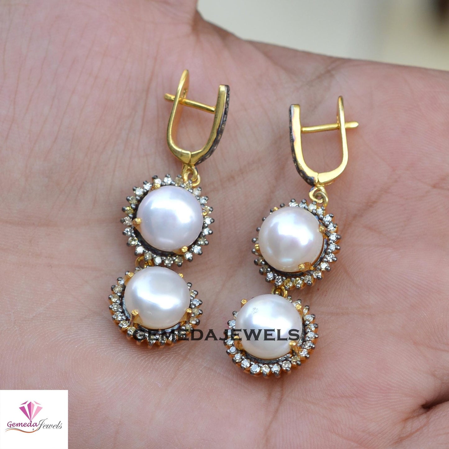 Charming White Pearl Earrings, Dazzling Pave Diamond Jewelry, Sterling Silver Jewelry, 14k Gold Vermeil Earrings, Gemstone Earring, Wedding