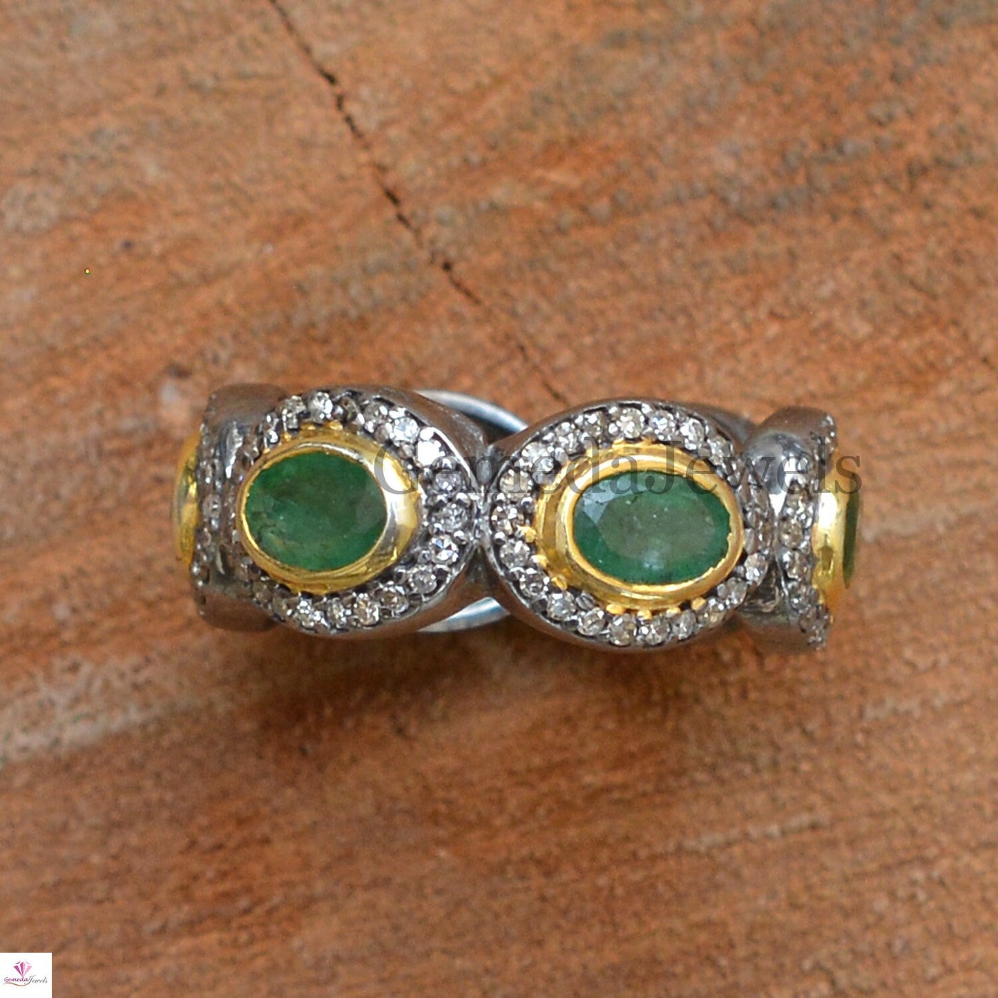 Sale! Emerald Gemstone Silver Ring, Oxidized 925 Silver Jewelry, Pave Diamond Band Ring, Gemstone Eternity Band Ring, Diamond Silver Jewelry