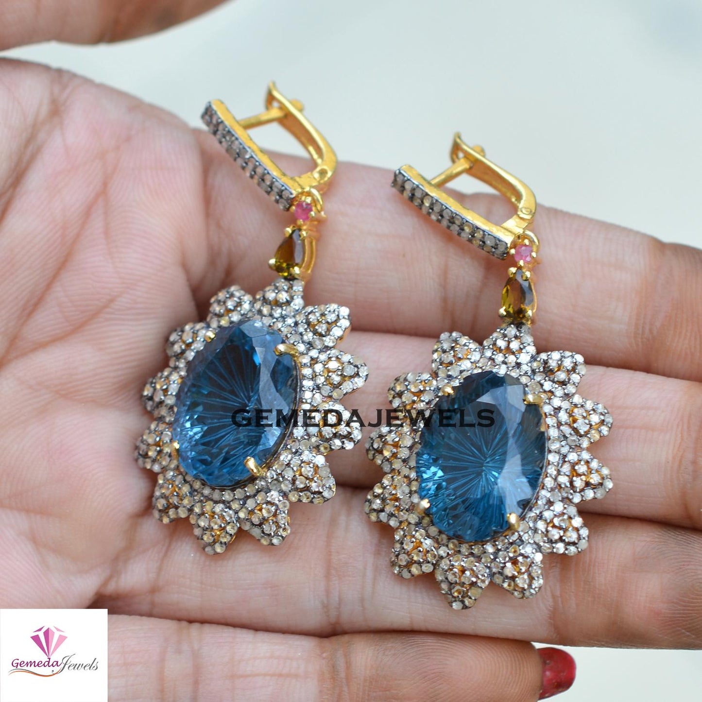 Blue Topaz Earrings, Pave Diamond Flower Earrings, 925 Silver Jewelry, Gemstone Diamond Ring Earrings JEWELLERY SET, Gold Vermeil Jewelry