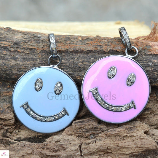 Pink Blue Enamel Pendant, 925 Silver Jewelry, Smiley Face Pendant Jewelry, Pave Diamond Charm Pendant, 16" Chain Necklace, Unisex Pendant