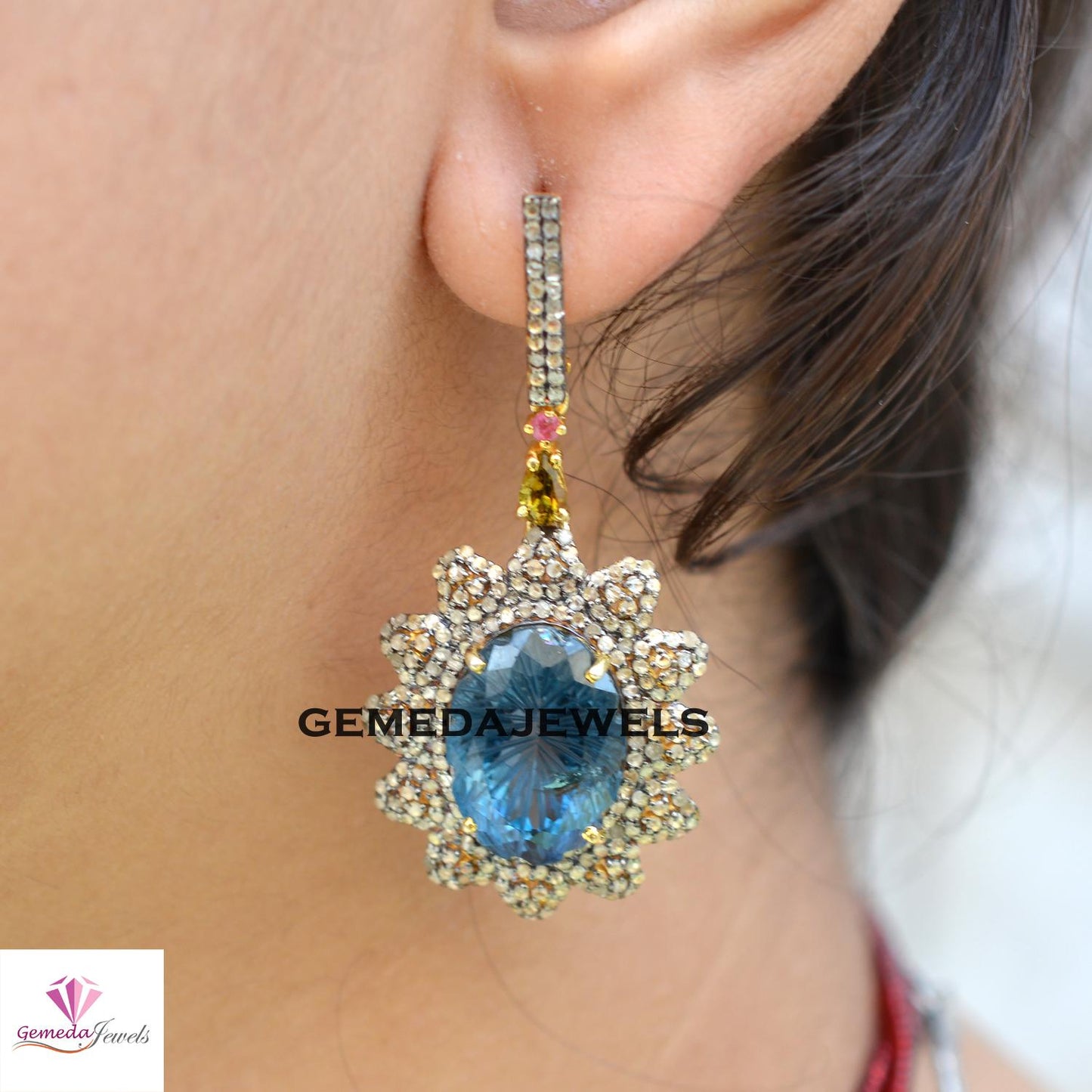 Blue Topaz Earrings, Pave Diamond Flower Earrings, 925 Silver Jewelry, Gemstone Diamond Ring Earrings JEWELLERY SET, Gold Vermeil Jewelry