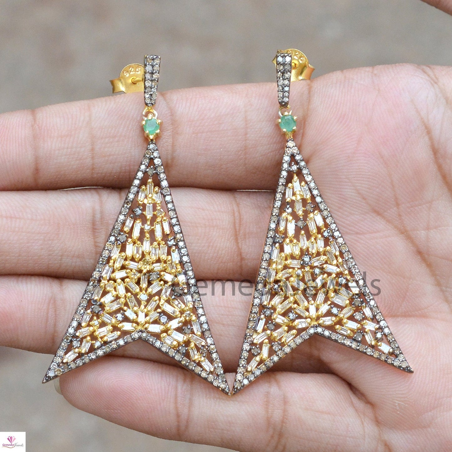 Sale! Baguette Diamond Earrings, Pave Diamond Jewelry, Emerald Gemstone Earring, 14K Gold Vermeil Earrings, 925 Silver Jewelry, Gift For her