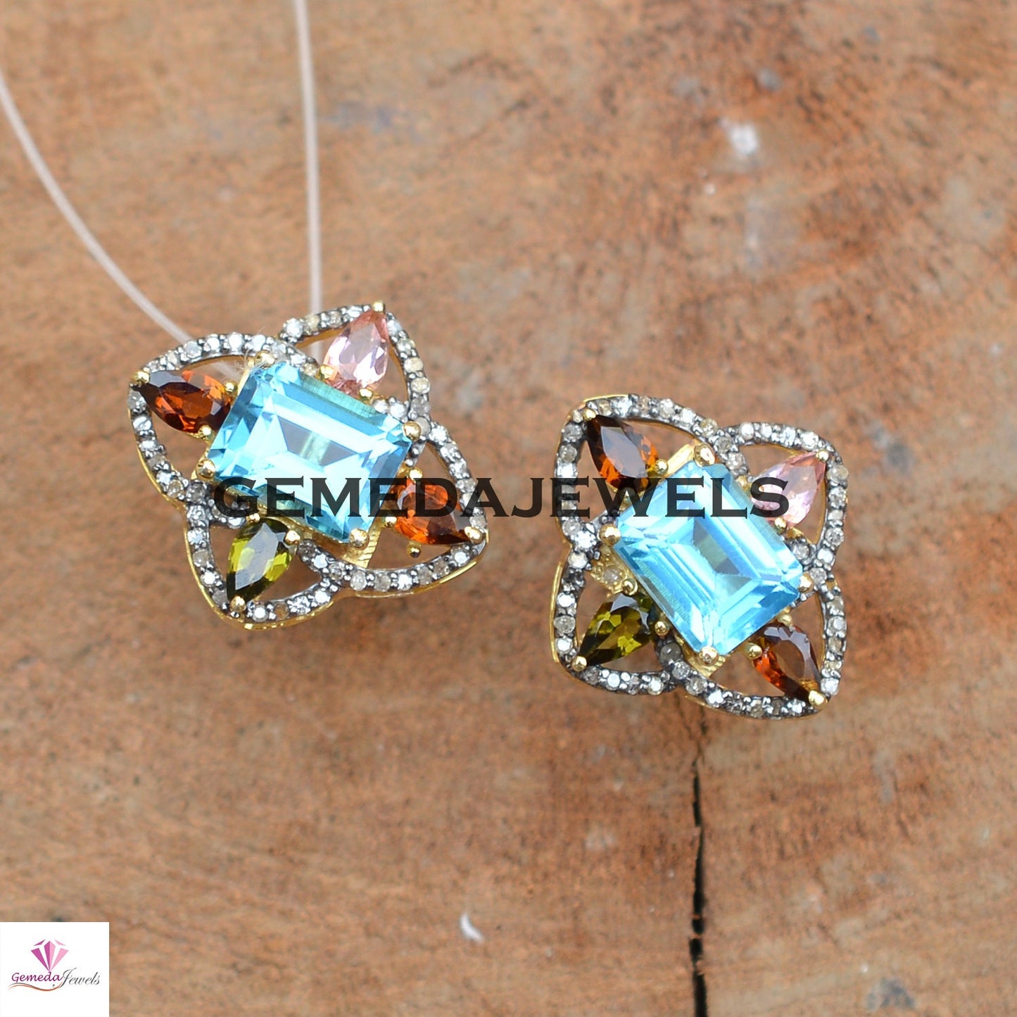 Sale! Blue Topaz Flower Stud Earring, Pave Diamond Earrings, Multi Gemstone Jewelry, Yellow Vermeil 925 Silver Earrings, Women Gift Jewelry