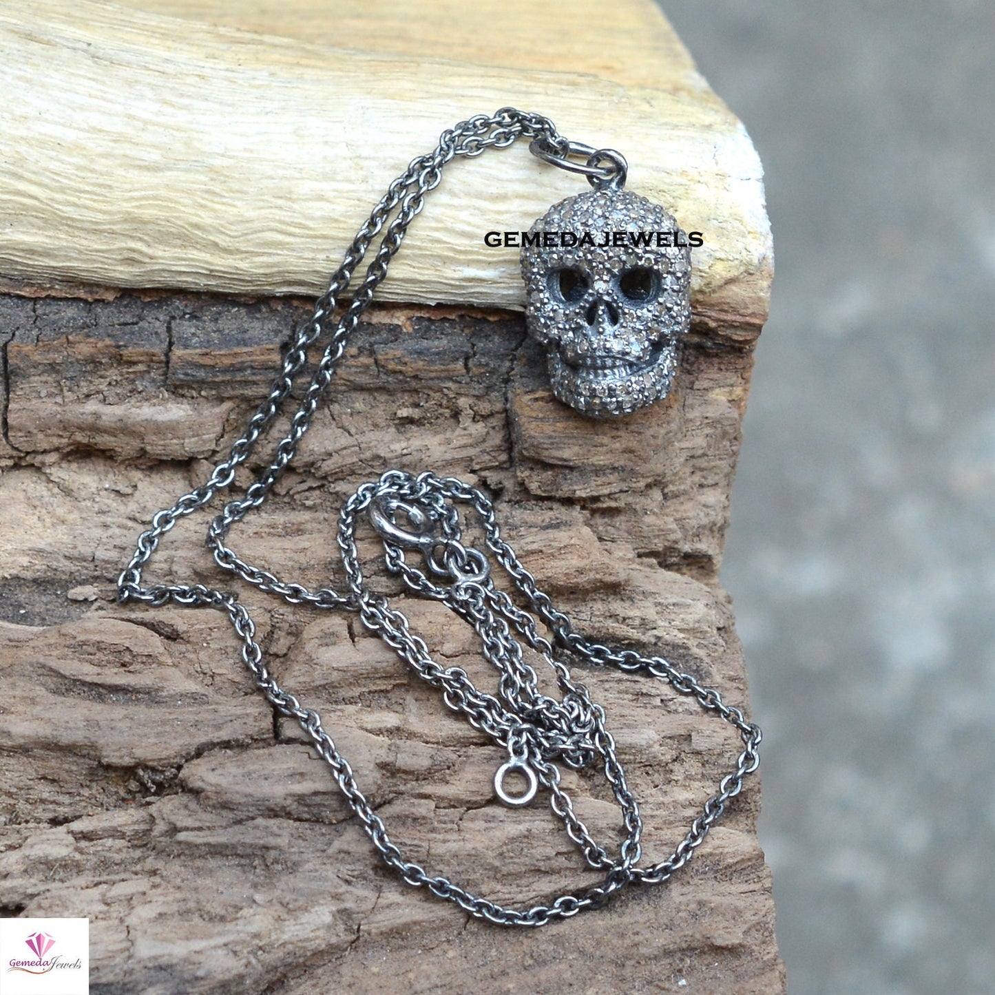 Pave Diamond Skull Pendant, 925 Sterling Silver Jewelry, Silver Skull Jewelry, Diamond Jewellery, 16" Link Chain Necklace, Halloween Jewelry