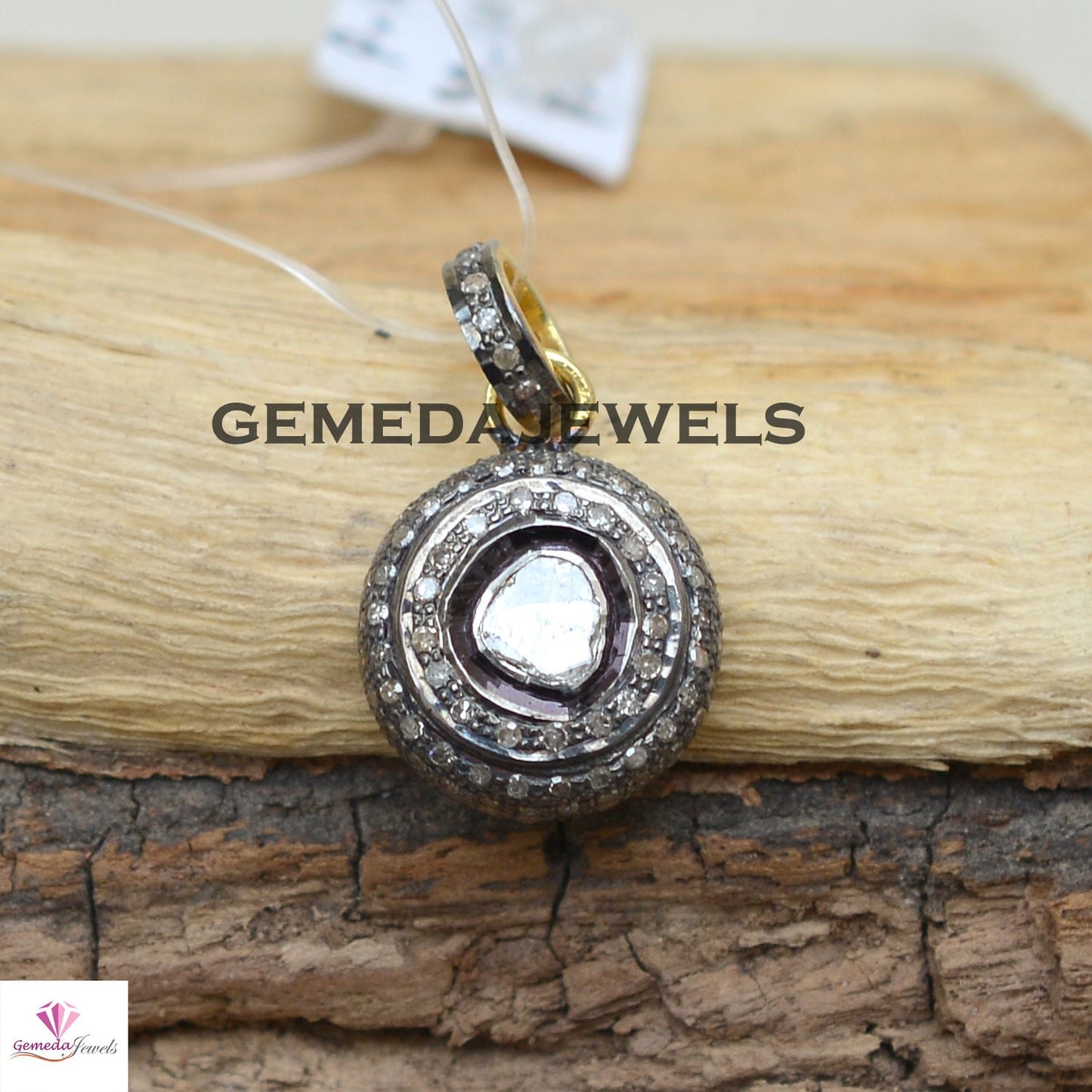 Polki Diamond Pendant, 14k Gold Plated Jewelry, Pave 925 Silver Pendant, Round Shape Pendant, 16" Silver Link Chain Necklace Pendant, Gift