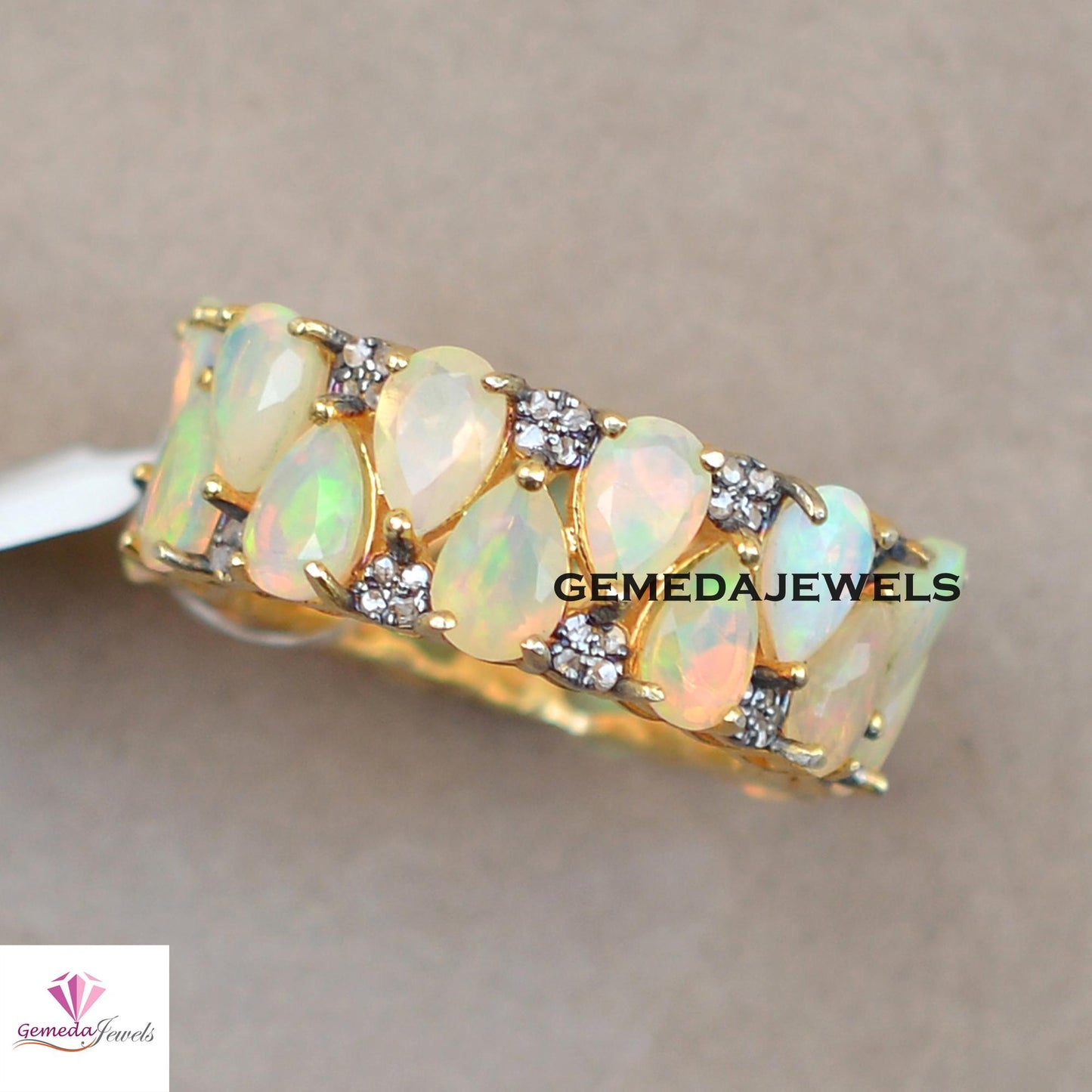 Best Quality Natural Opal Gemstone Ring, 925 Silver Band Ring, Pave Diamond Jewelry, Gold Vermeil Band Ring, Gemstone Silver Jewelry, Gift