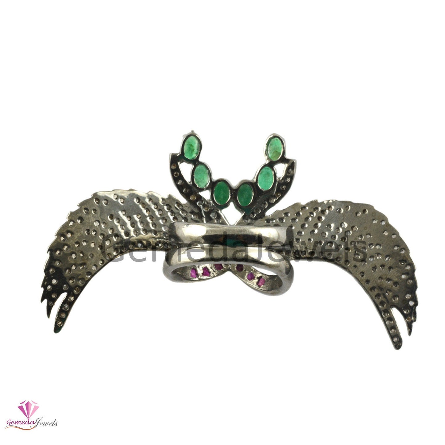 Real Ruby Gemstone 1.78 CTS Natural Pave Diamond Wing Ring Solid 925 Silver Emerald Gemstone Jewelry, Gemstone Silver Ring, Gift For Her