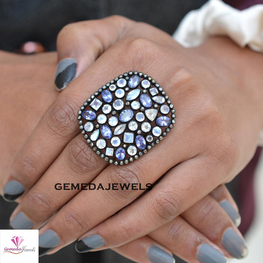 Sale! Rare Moonstone Gemstone Ring, Tanzanite Silver Ring, Pave Diamond Jewelry, Oxidized 925 Silver Ring, Gemstone Jewellery, Gift For Her