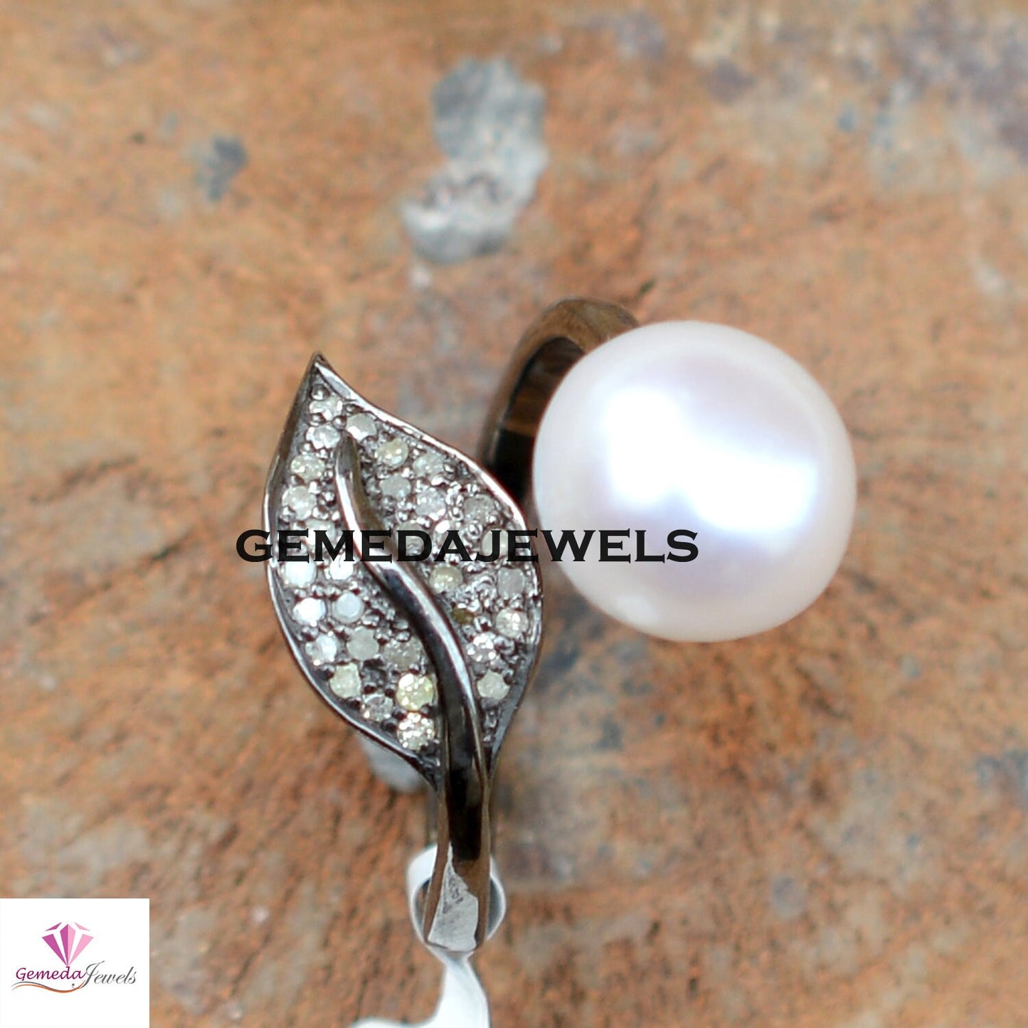 Sale! White Pearl Ring, Pave Diamond Leaf Ring, Gemstone Silver Ring, Sterling Silver Jewelry, Minimalist Jewelry, Rhodium Plated Ring, Gift