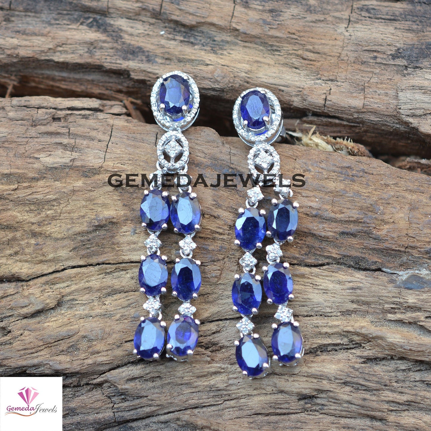 Sparkling Blue Sapphire Necklace, Sapphire Earrings Jewelry, Pave Diamond Jewelry Set, 925 Silver Jewelry, 19" Necklace Jewelry Gift For Her