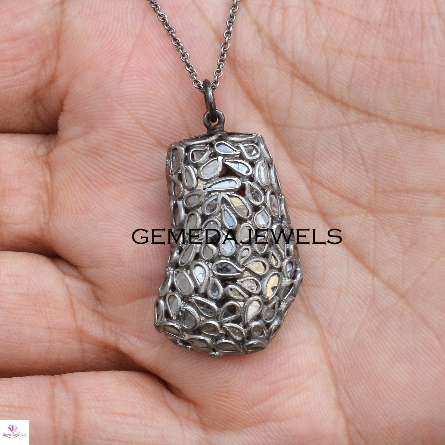 Natural Diamond Slice Pendant, 925 Sterling Silver Jewelry, Diamond Silver Pendant, 16" Silver Link Chain, Diamond Pendant Necklace, Gifts