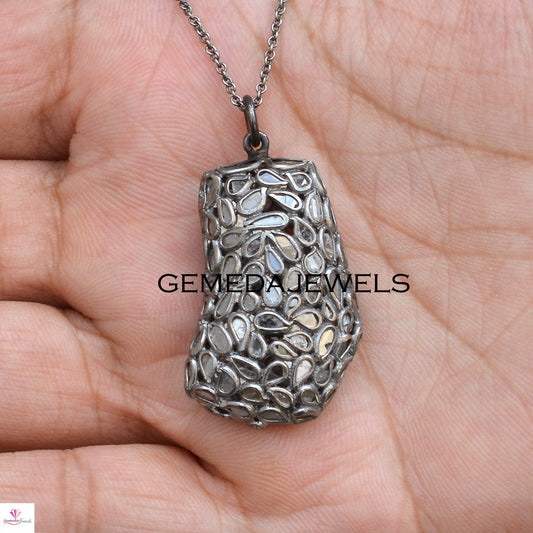 Natural Diamond Slice Pendant, 925 Sterling Silver Jewelry, Diamond Silver Pendant, 16" Silver Link Chain, Diamond Pendant Necklace, Gifts