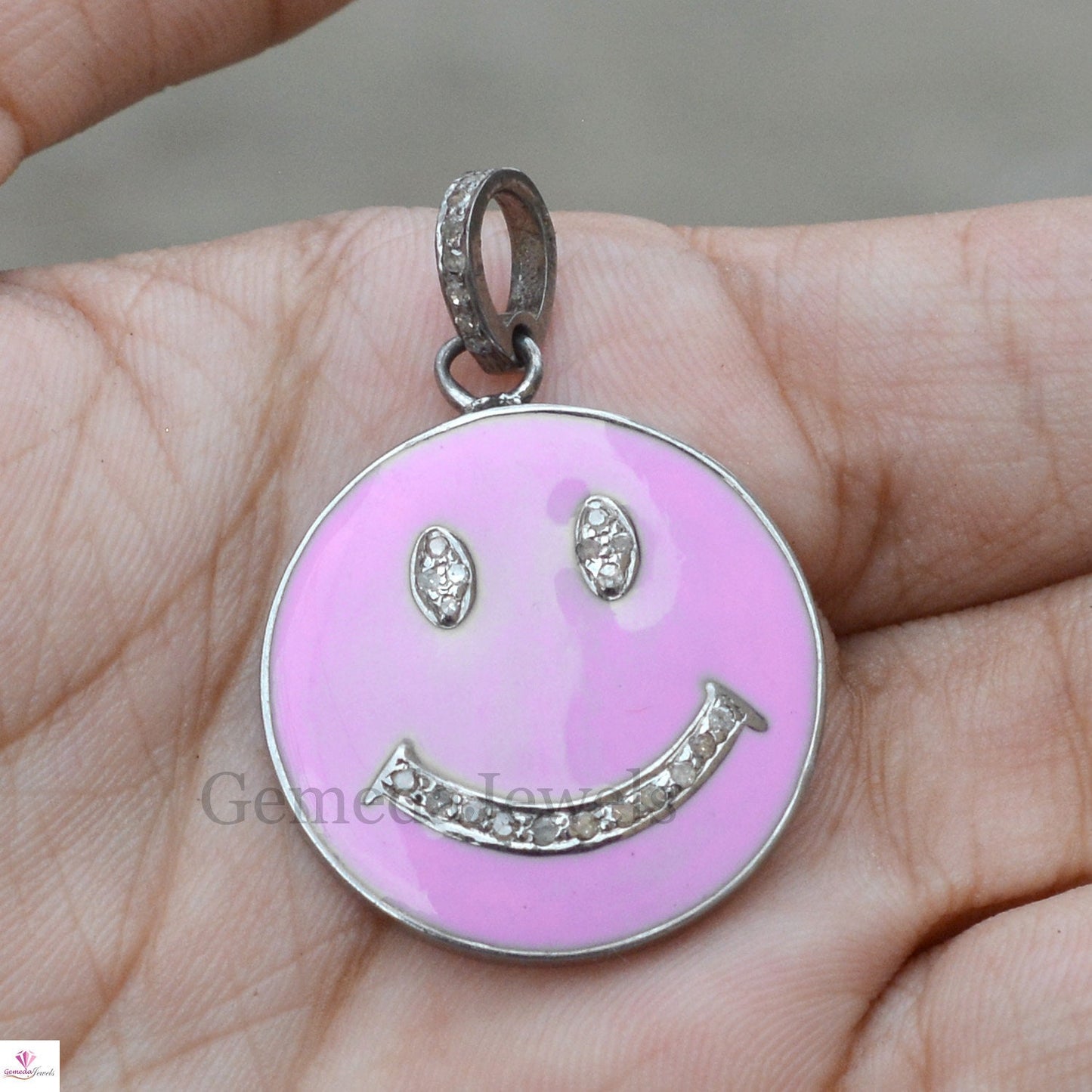 Pink Blue Enamel Pendant, 925 Silver Jewelry, Smiley Face Pendant Jewelry, Pave Diamond Charm Pendant, 16" Chain Necklace, Unisex Pendant