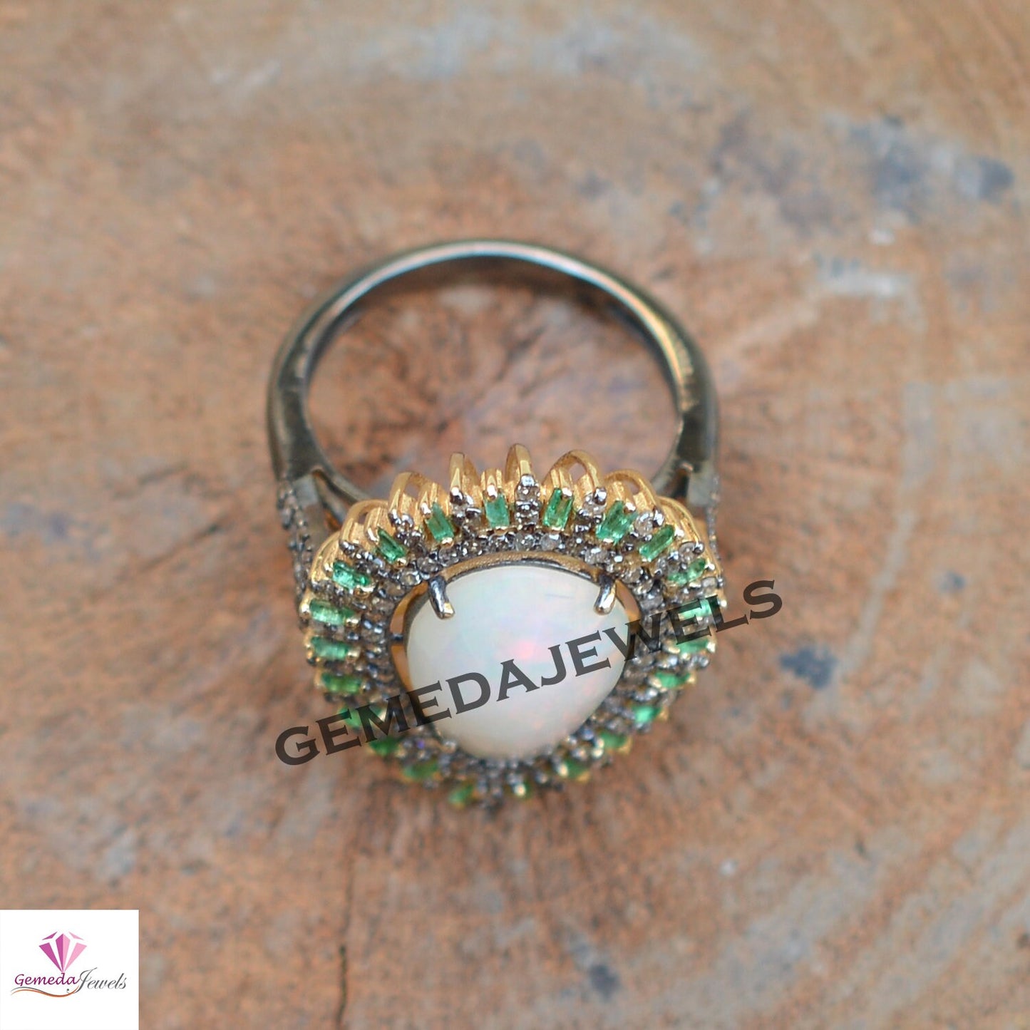 100% Genuine Opal Gemstone Ring, 14k Gold Vermeil Ring, 925 Silver Jewelry, Emerald Diamond Ring, Baguette Diamond Ring, Engagement Jewelry