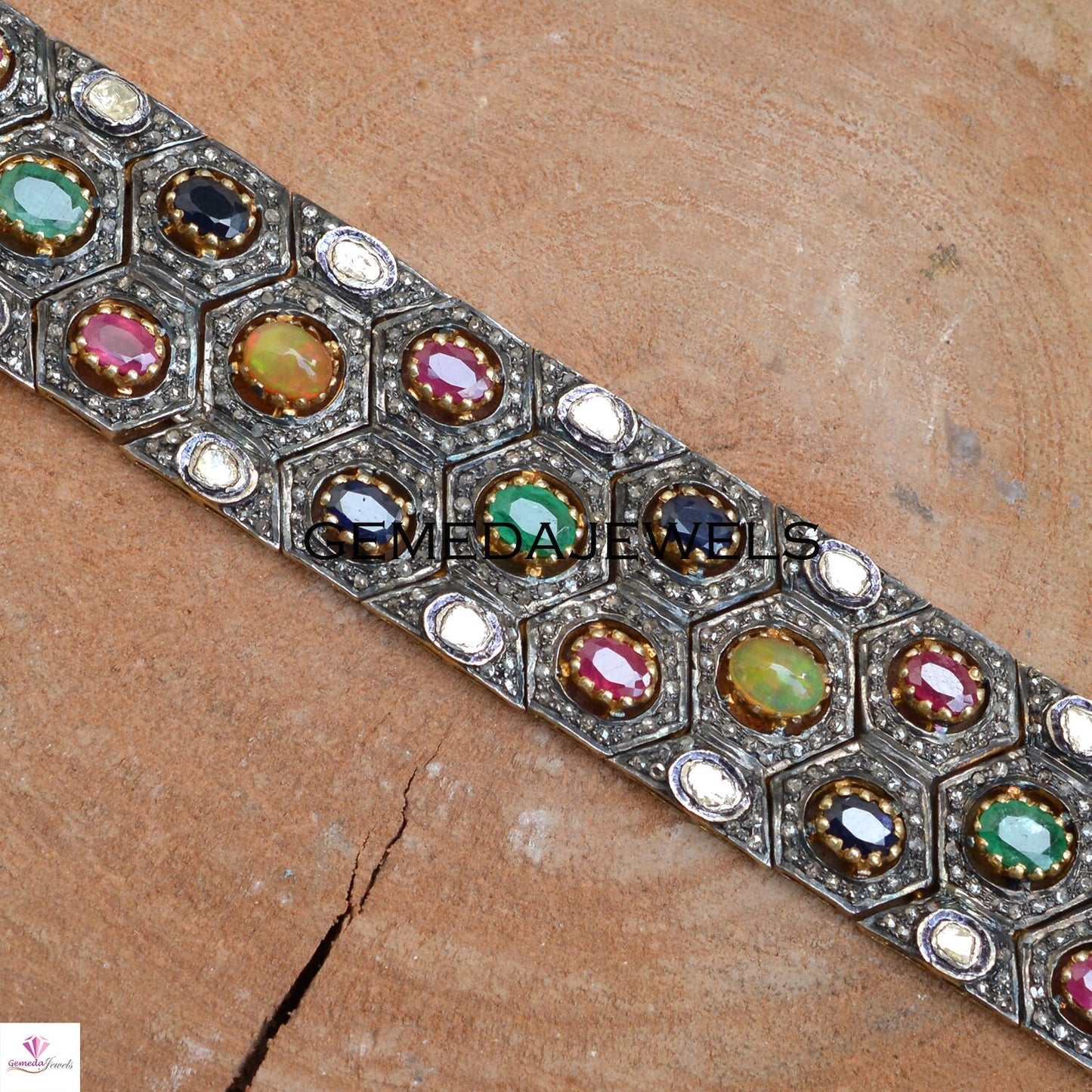 Polki Diamond Bracelet, Ruby Opal Gemstone Bracelet, Pave Diamond Jewelry, 14k Gold Plated Jewelry, 925 Silver Bracelet, Emerald Bracelet