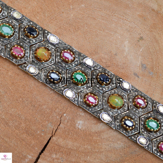 Polki Diamond Bracelet, Ruby Opal Gemstone Bracelet, Pave Diamond Jewelry, 14k Gold Plated Jewelry, 925 Silver Bracelet, Emerald Bracelet