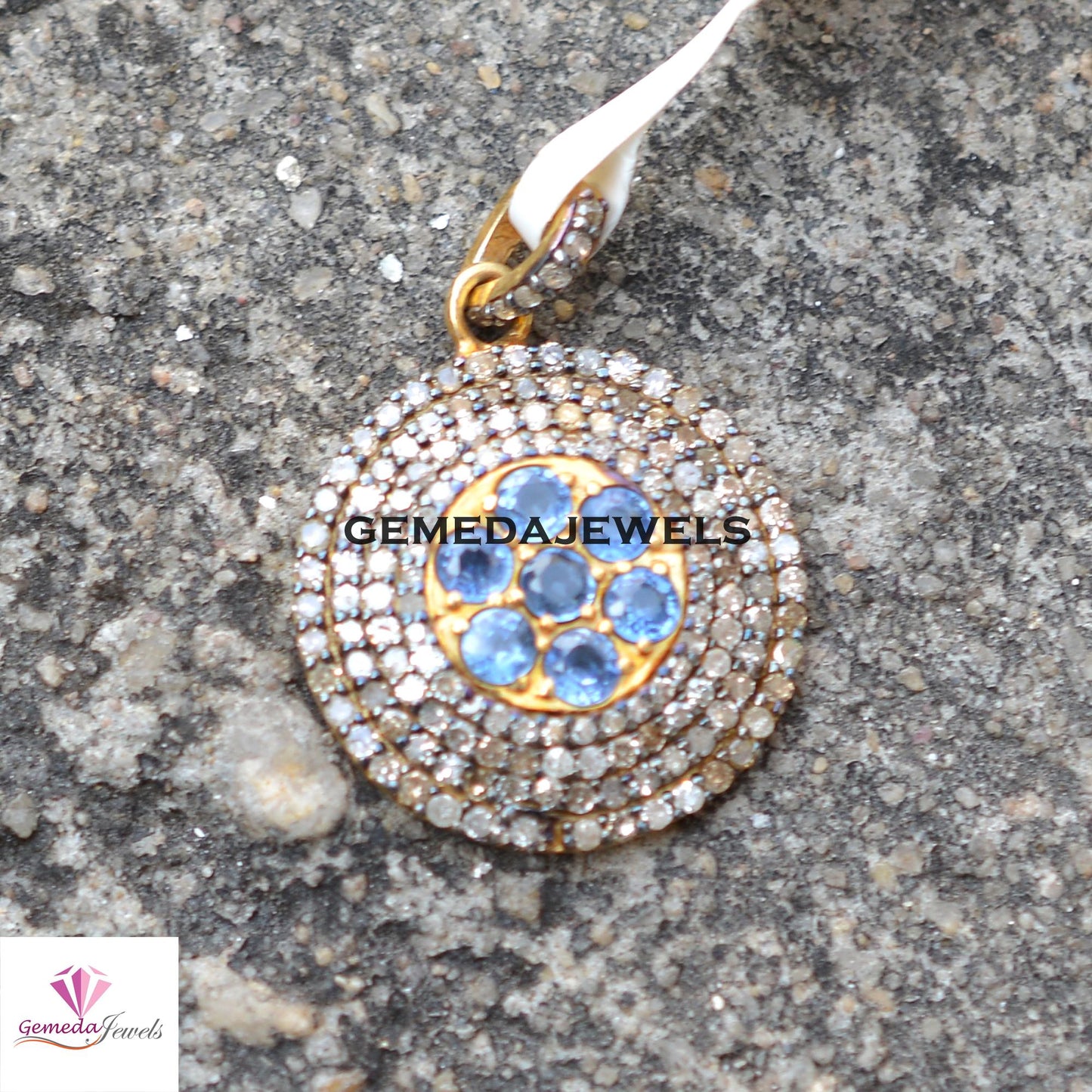Natural Blue Sapphire Charm Pendant, Pave Diamond Jewelry, Gemstone 925 Silver Pendant, Gold Vermeil Jewelry, 16" Link Chain Necklace, Gift