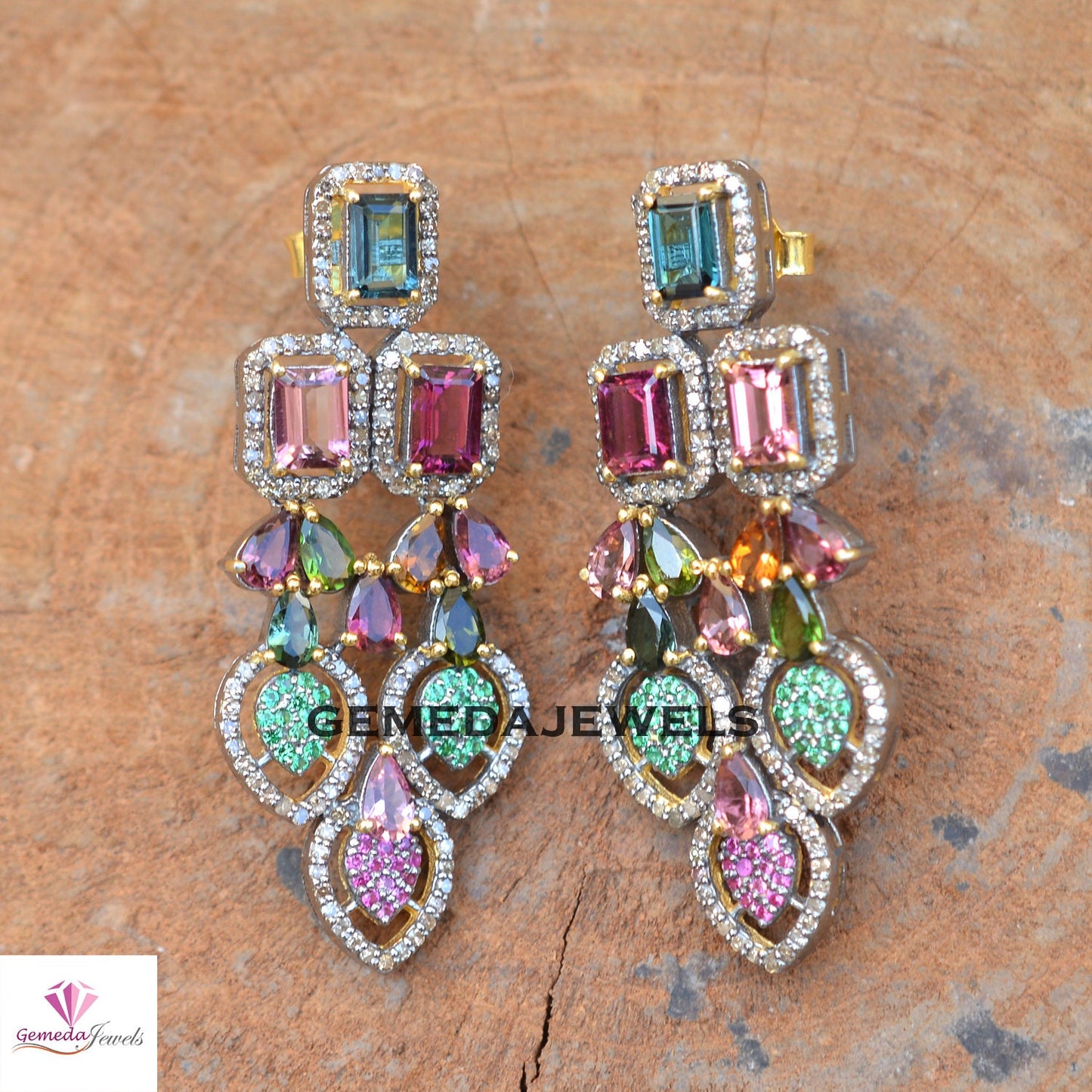 Multi Tourmaline Earrings, Ruby Earring, Emerald Diamond Silver Jewelry, 925 Silver Earrings, Gold Vermeil Earrings, Wedding Gift Jewelry