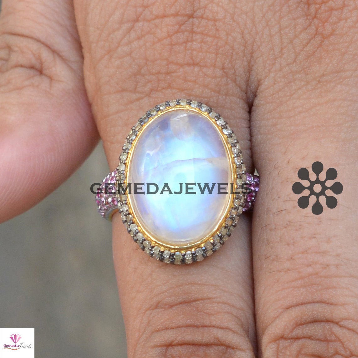 Rainbow Moonstone Ring, Pave Diamond Ring, Ruby Gemstone Ring, 925 Silver Jewelry, Gold Plated Ring, Moonstone Ring Jewelry, Wedding Gifts